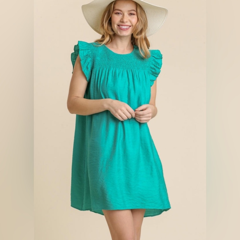 Umgee Linen Tiered Flutter Sleeve Dress with Floral Trim